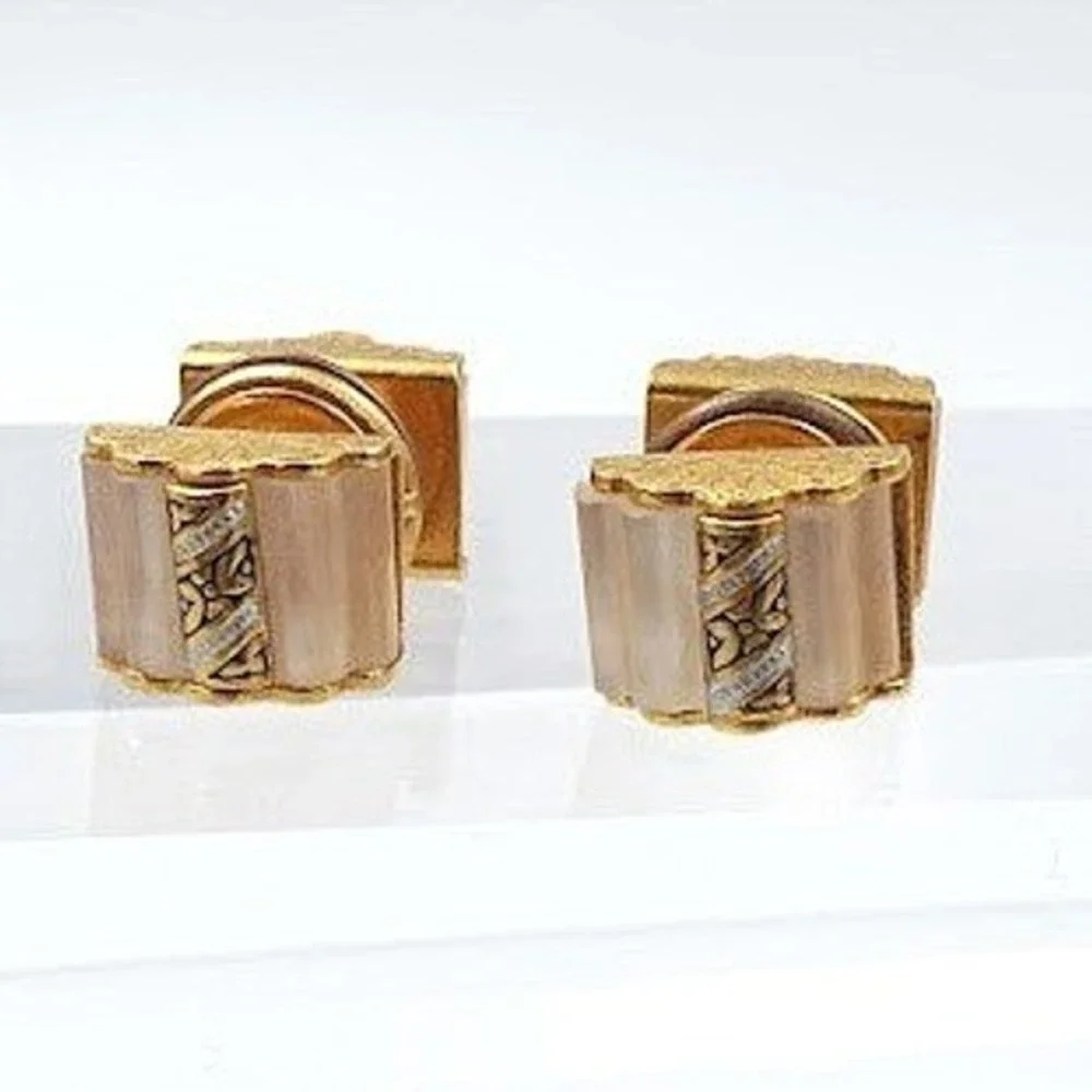 Vintage Art Deco Double Sided Cufflinks Ribbed Lucite Gold Tone Pair